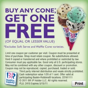 Baskin Robbins Buy One Get One Free Cone